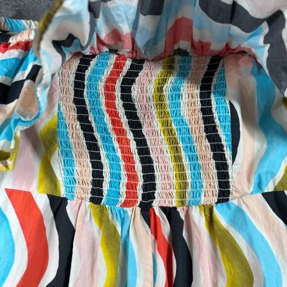 Farm Rio Sleeveless Ruffle Maxi Dress Wave Stripe Colorful Smocked Medium L200 - Picture 5 of 12